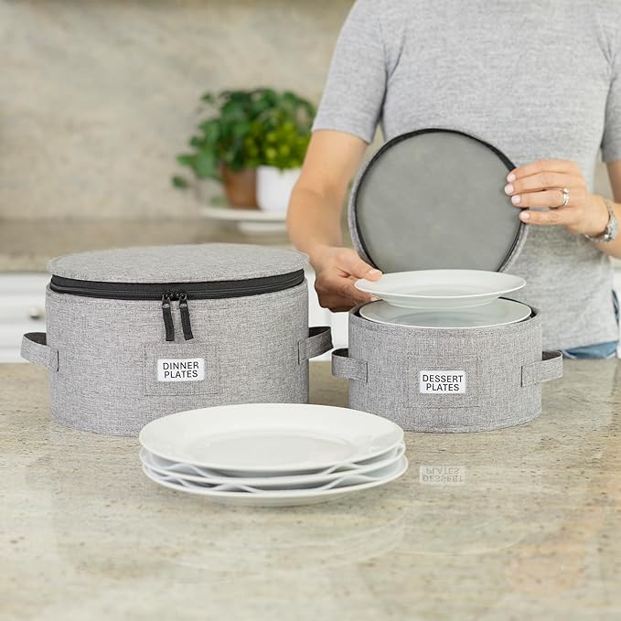 Gray Dessert Plate Storage Case with 12 Felt Dividers, Stackable