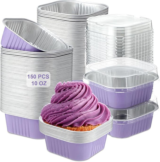 Aoriher 150 Pieces 10 oz Mini Cake Pans with Lids Aluminum Foil Baking Cups Square Disposable 4" x 4" Large Cupcake Cups Baking Tins for Kitchen Brownie Pudding Desserts Holders(Taro Purple)