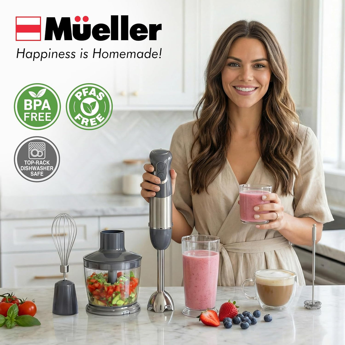 Mueller Multistick 5-in-1 Immersion Blender Handheld, 12-Speed Hand Mixer – another angle