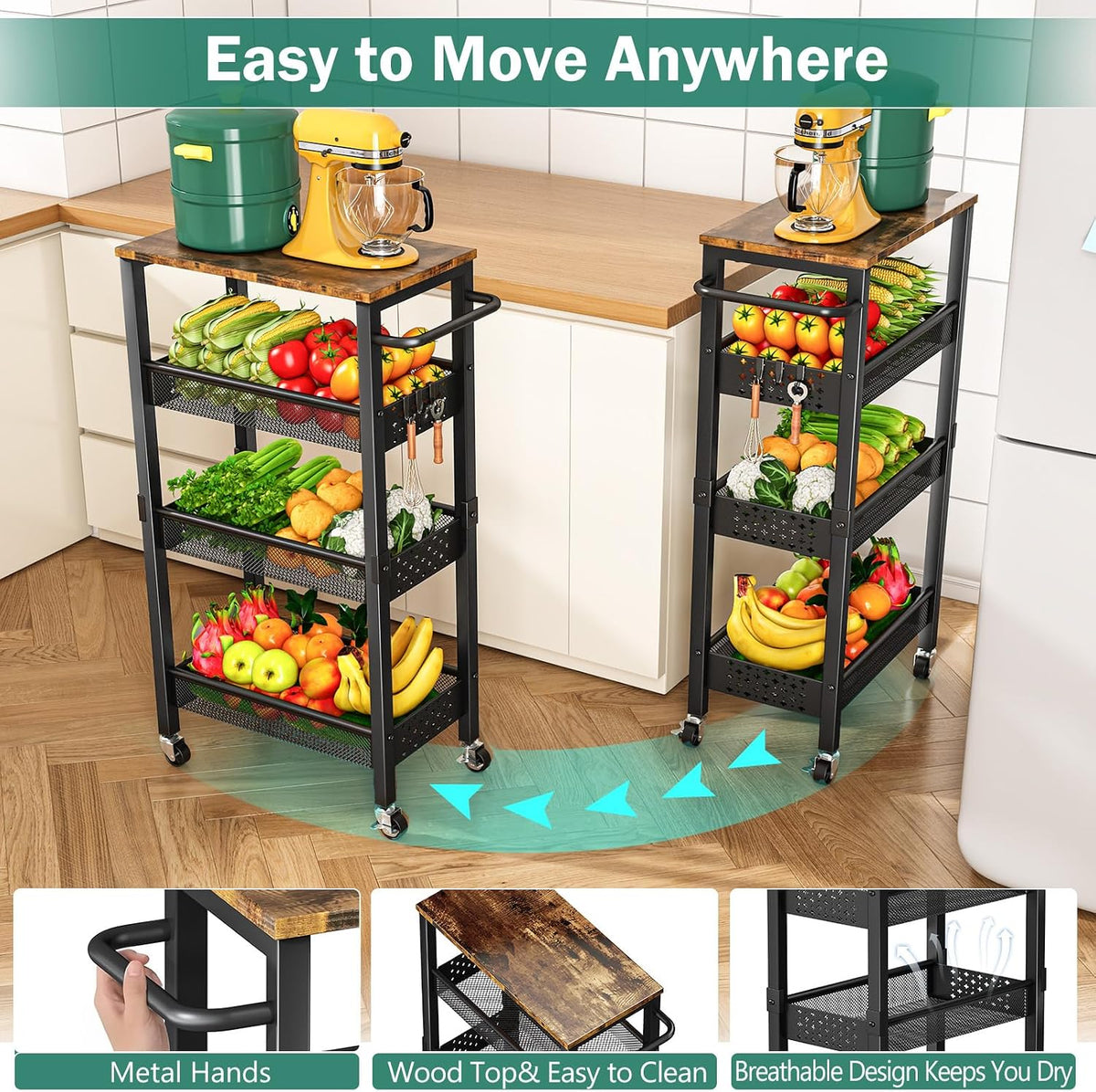 4-Tier Laundry Utility Rolling Cart with Wheels, Metal – features