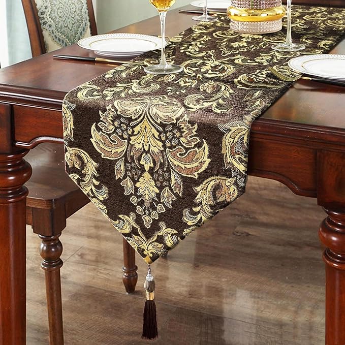 Table Runner, Dark Brown Chenille Floral, 13 x 98 Inch
