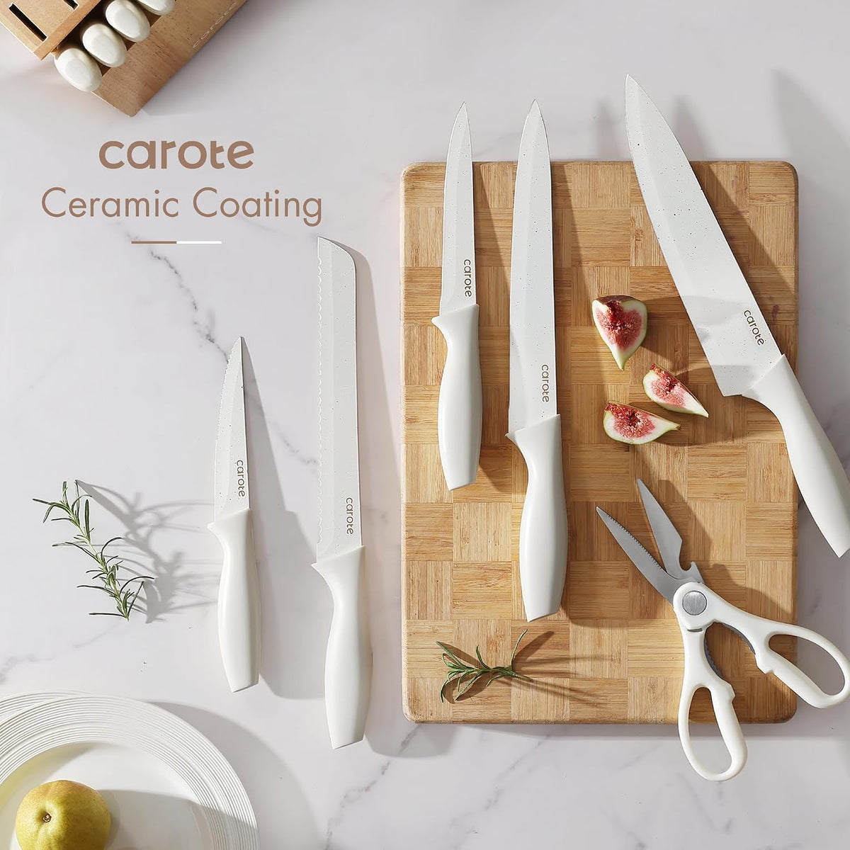 15-Piece Knife Set, Wood Block with Built-In Sharpener, Cream – size reference