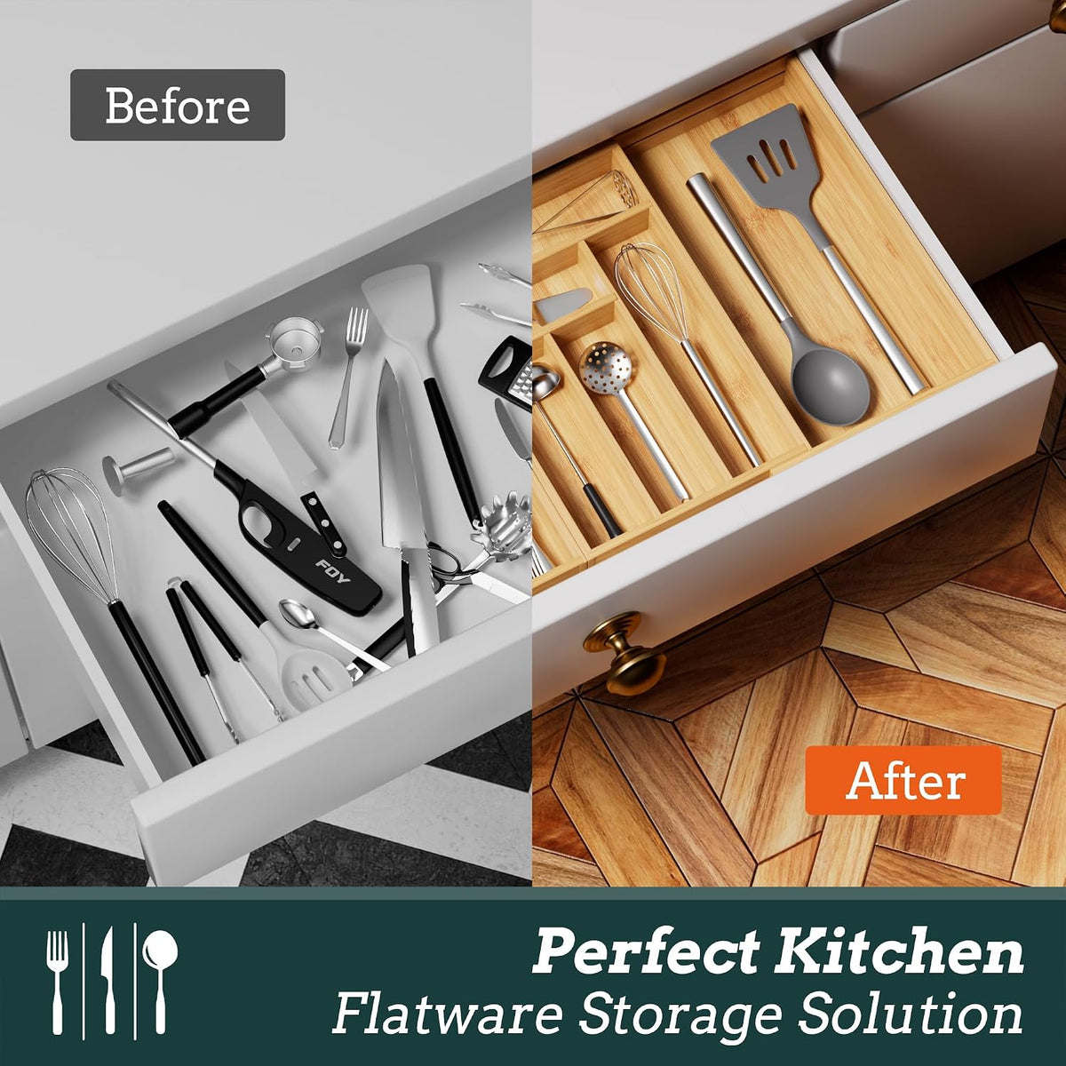 Silverware Organizer Large, Magnetic Connected Expandable 13 Slots Silverware – set view