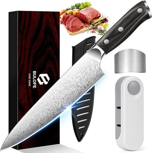 8 Inch Chef Knife, Kitchen Knife with Sharpener and Finger Guard, Professional Steel Sharp Chef's Knife Set with Ergonomic Handle, Gifts for Christmas, Black