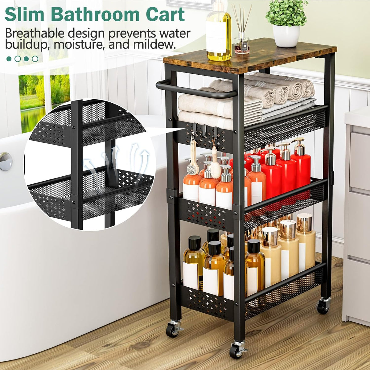 4-Tier Laundry Utility Rolling Cart with Wheels, Metal – close-up