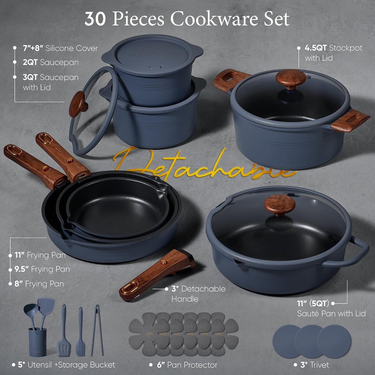 30pcs Titanium Cookware Set, Pots and Pans Set Detachable Handle – detail