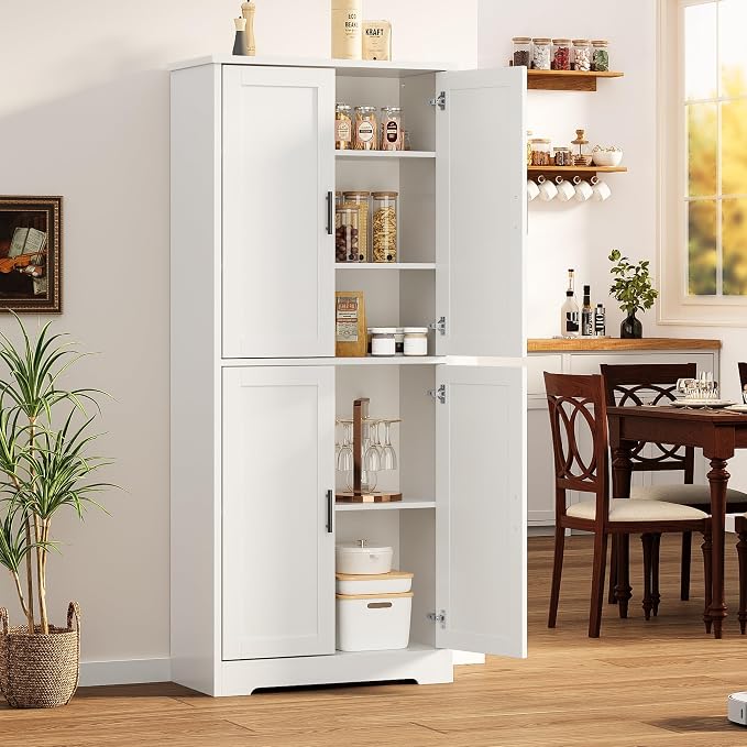 Pantry Cabinet, 70-Inch Tall White with 2 Doors and 3 Adjustable Shelves