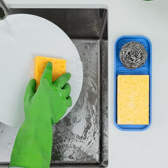 Sink Sponge Tray, Silicone Soap Holder, 9 x 3.54 Inch, Provence Blue