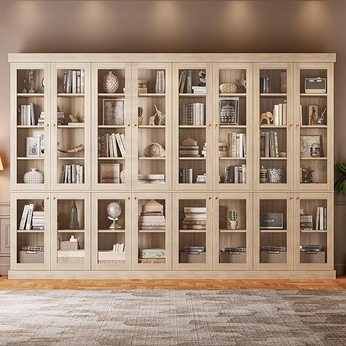70.8" Bookshelf with Glass Doors, Farmhouse Modular Bookcase with 6-Tier Adjustable Shelves, Large Storage Cabinet for Living Room & Home Office, Set of 2, Brown