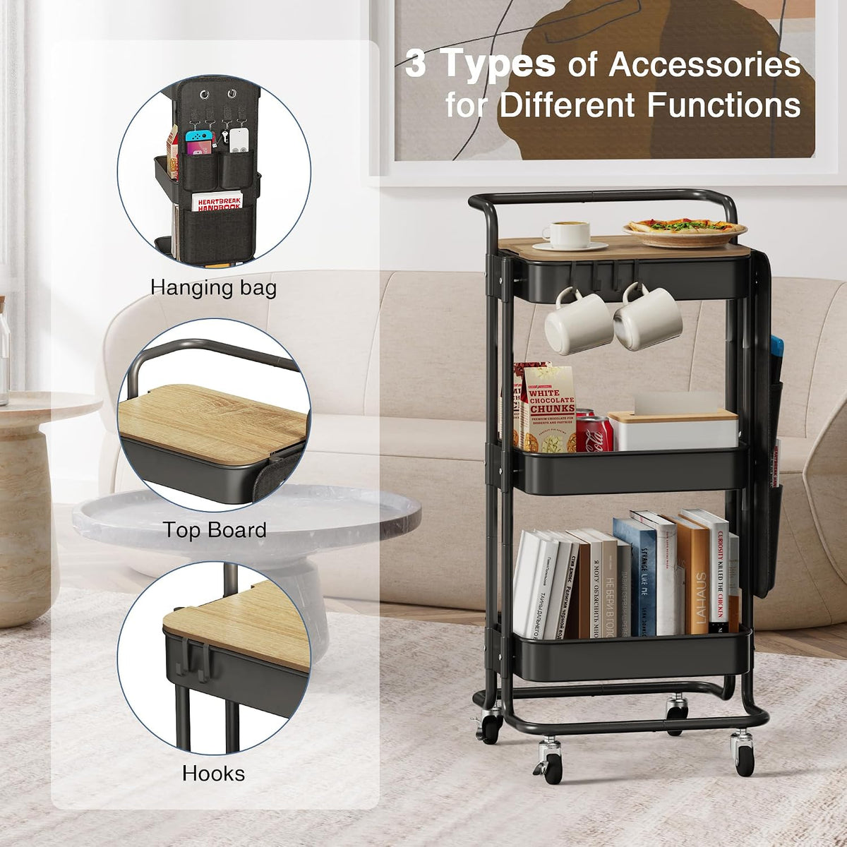 3 Tier Metal Utility Rolling Cart with Table Top and Side Bags, Tray Storage – features