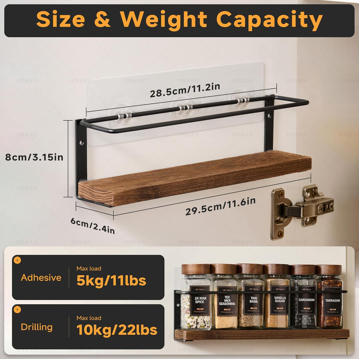 4-Tier Wall Mount Spice Rack Organizer with 24 Glass Jars, 216 Labels & Funnel – close-up