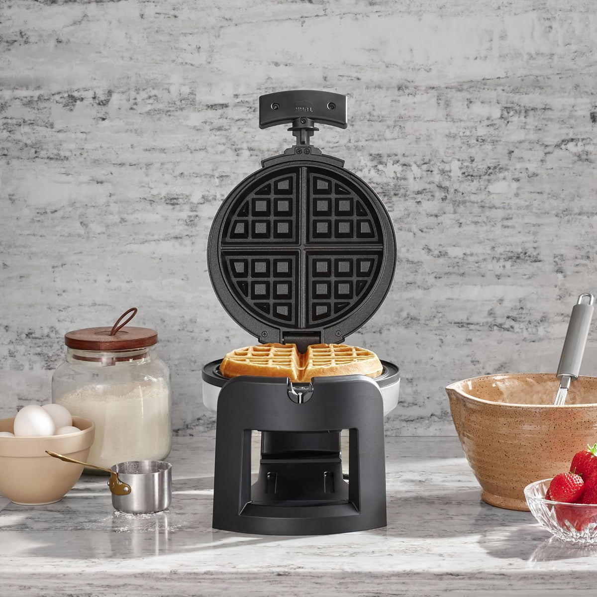 Flip Belgian Waffle Maker, NonStick, Stainless Steel, 1" Thick – features