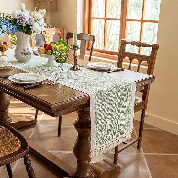 Table Runner, 14 x 63 Inch Green Polyester with Fringed Trim