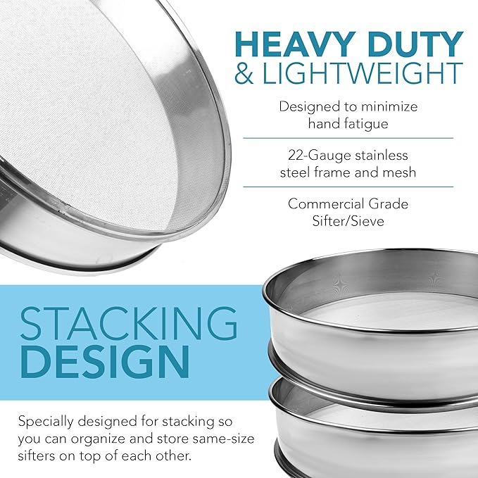 Stainless Steel Flour Sifter Fine Mesh Round Flour Sieve for Baking 8" Diameter x 2.5" High; 20 Mesh (Hole Size 0.85mm)