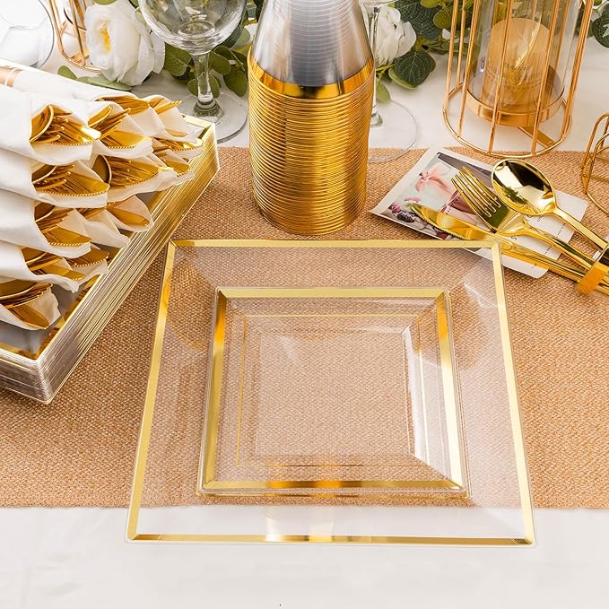 Plates Set, 352-Piece Clear Square Plastic with Gold Rim for 50 Guests