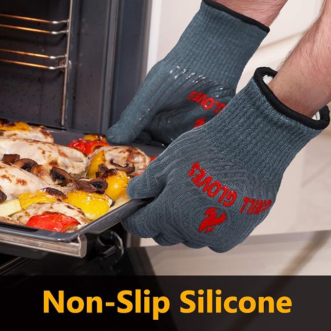 Oven Mitts, 1 Pair Gray Long Cuff Grilling Gloves, Silicone Grip