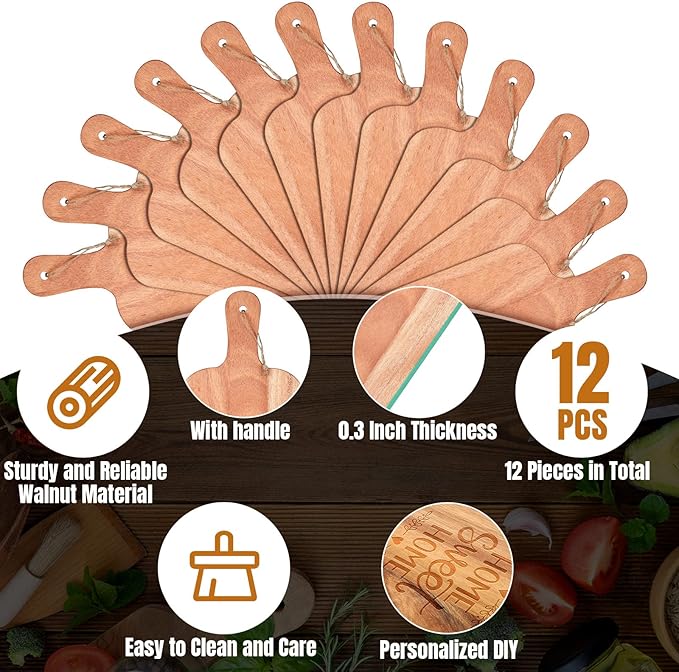 Walnut Wood Cutting Boards with Handles, 12-Piece Set, 15 x 7 Inch
