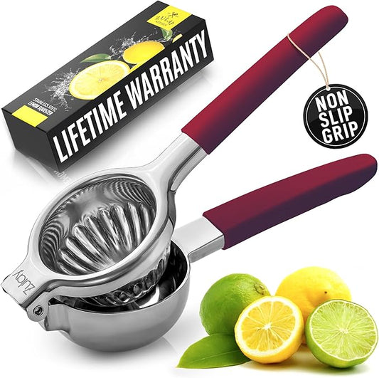 Zulay Kitchen Lemon Squeezer Stainless Steel with Premium Heavy Duty Solid Metal Squeezer Bowl and Food Grade Silicone Handles - Large Manual Citrus Press Juicer and SS Lime Squeezer (Cranberry)