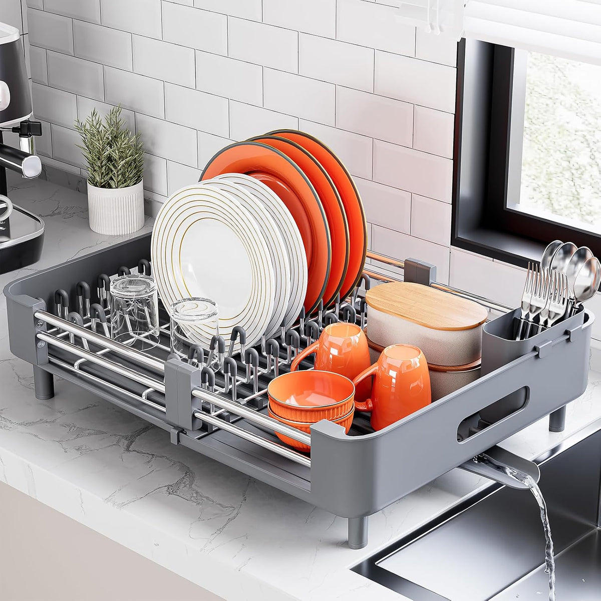 Extendable Stainless Dish Drying Rack for Kitchen Counter, Gray