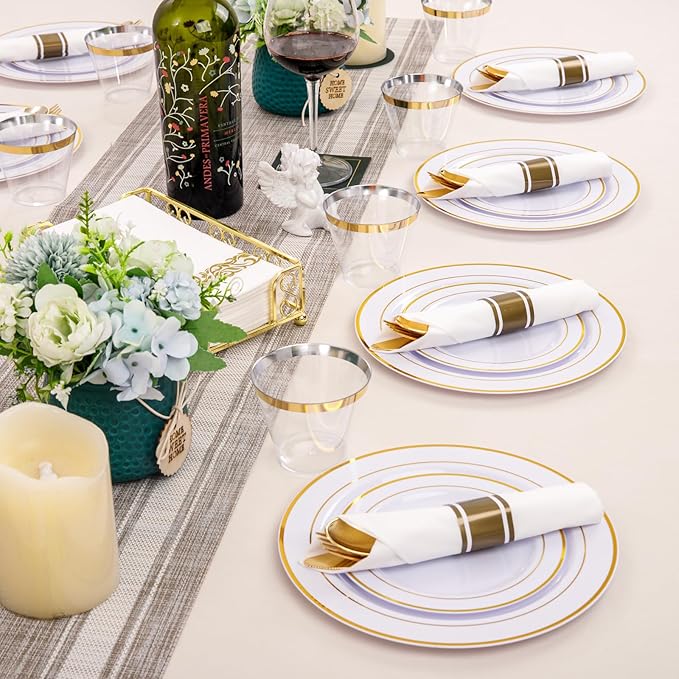 Plates Set, White and Gold Disposable Dinnerware for 50 Guests