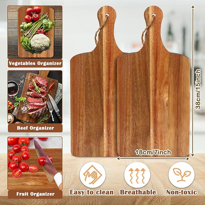 Cutting Boards Set of 10 Acacia Wood with Hanging Ropes, 15 x 7 Inch