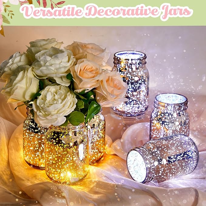 Mason Jar Set, 6 Gold Painted Jars with 6 LED Light Strings