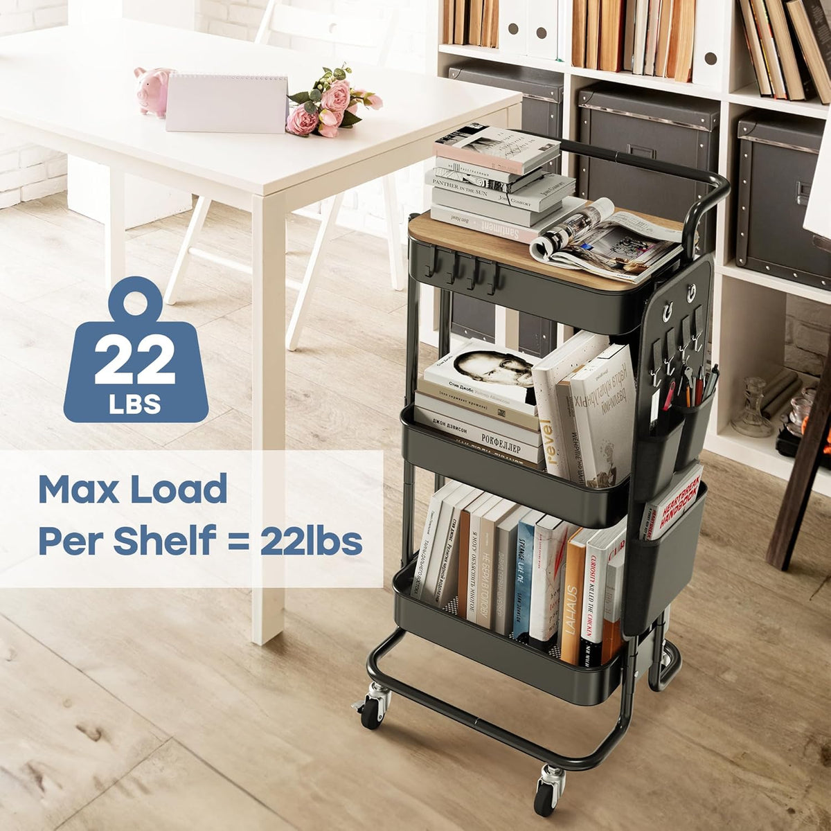 3 Tier Metal Utility Rolling Cart with Table Top and Side Bags, Tray Storage – close-up