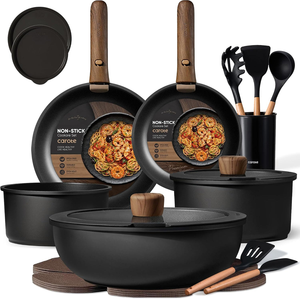 21pcs Pots and Pans Set Non Stick, Detachable Handle Cookware, Black