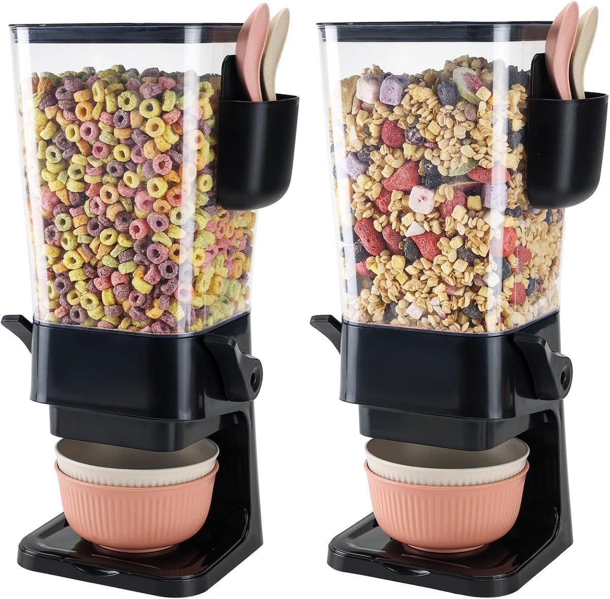 Cereal Dispenser Countertop Black 2 Pack with Bowls Spoons Cutlery Box,5.5 QT