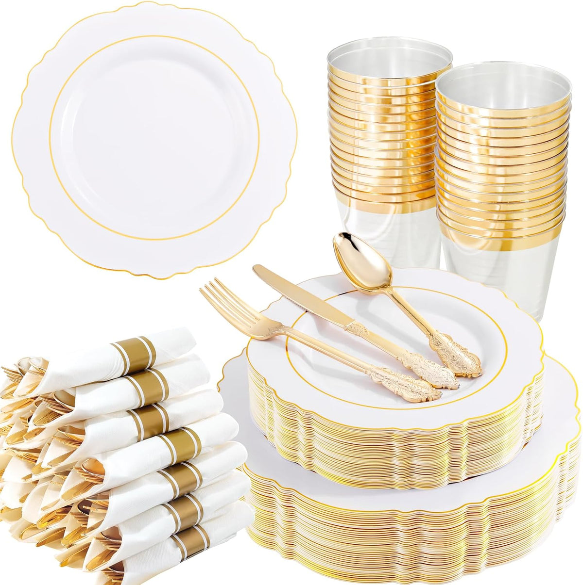 350PCS Gold Plastic Plates-Disposable White and Gold Plates Baroque Plastic
