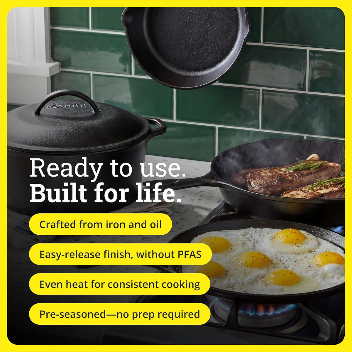 Cast Iron 5-Piece Set, PFAS-Free Pre-Seasoned Kitchen Set – close-up