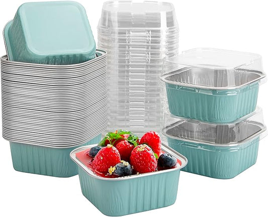 50 Pcs Mini Square Baking Cups with Lids,10oz Aluminum Foil Mini Cake Pans with Lids,Disposable Ramekins Cake Pans,300ml Dessert Cups Cupcake Pans for Wedding Birthday Party,Blue