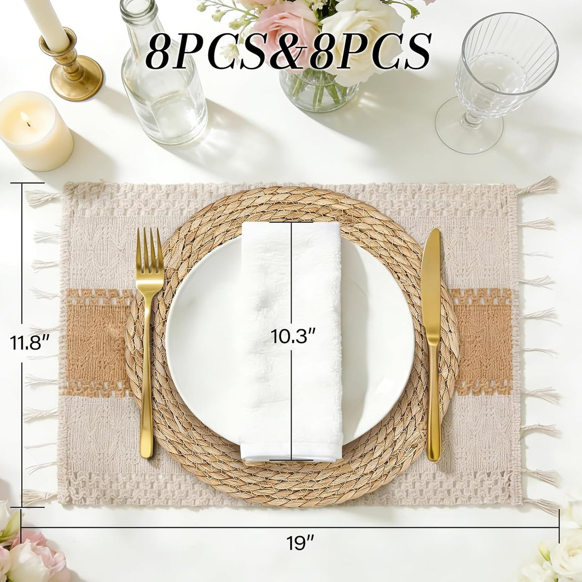 Placemats Set of 8 - Rattan Round Place Mats & 11.8” x 17” Cotton Braided – close-up
