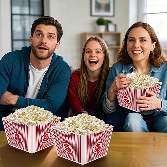 Snack Bowls - Reusable Red and White Plastic Popcorn Containers, 6 Pack