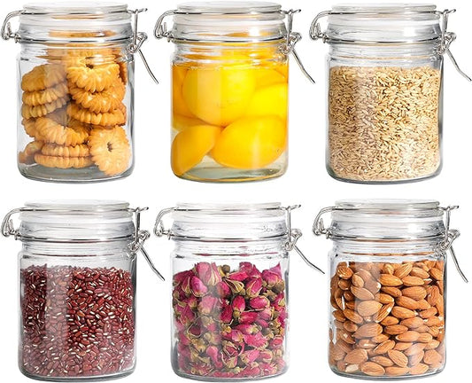 ComSaf Airtight Glass Canister with Lid Set of 6, 25oz Food Storage Jar, Mason Jars, Storage Container with Seal Wire Clamp Fastening for Kitchen Fermenting Preserving Canning Pasta Flour Cereal