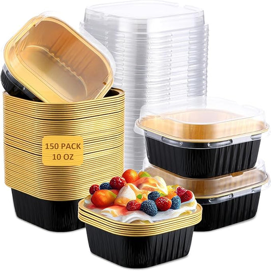 Aoriher 150 Pieces 10 oz Mini Cake Pans with Lids Aluminum Foil Baking Cups Square Disposable 4" x 4" Large Cupcake Cups Baking Tins for Kitchen Brownie Pudding Desserts Holders(Black, Gold)
