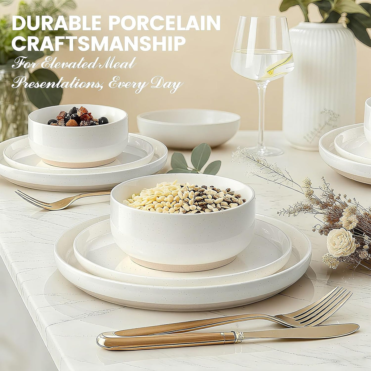 Dinnerware Set for 4, 12 Pieces Plates and Bowls Set – set view