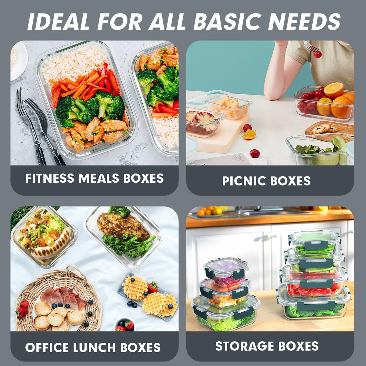 30 Pieces Glass Food Storage Containers Set with Lids, Grey – size reference