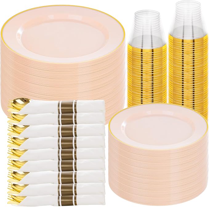 Plastic Plates Set, Pink and Gold Rim, 350 Pieces for 50 Guests