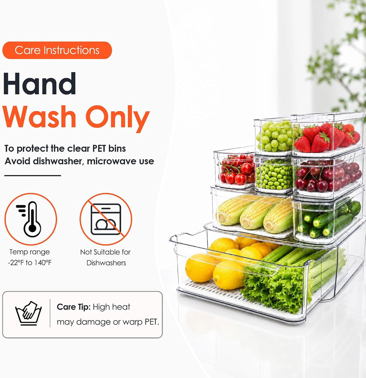 Clear Fridge Bins with Drain Trays - BPA-Free PET, Stackable (8) – detail