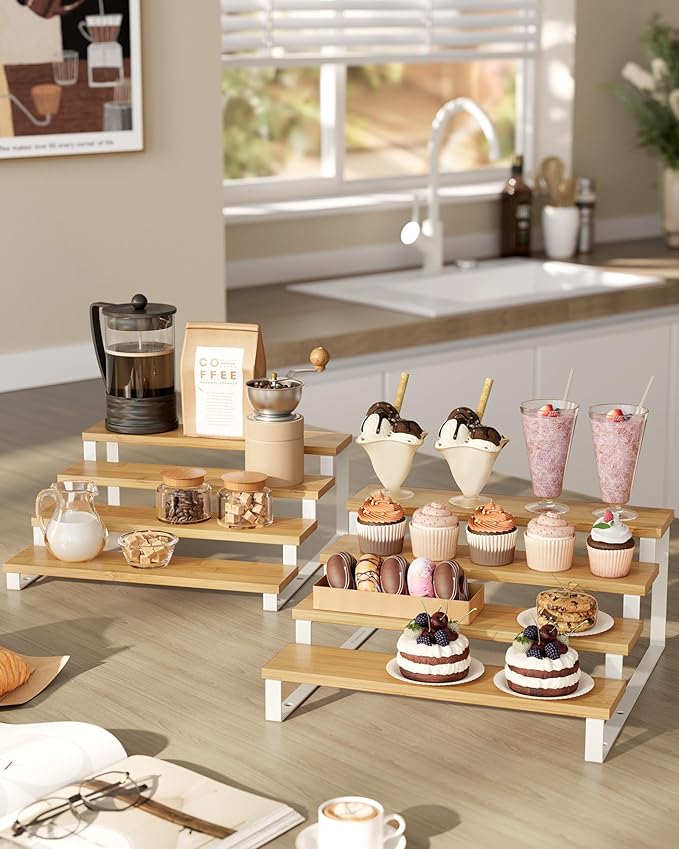 Spice Rack Set, 4-Tier Beige and White Wood Display Riser