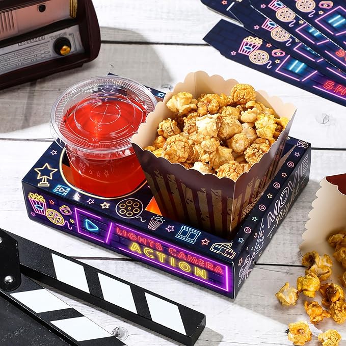 Snack Bowls, 36 Count Round Paper Movie Night Set in Black and Purple