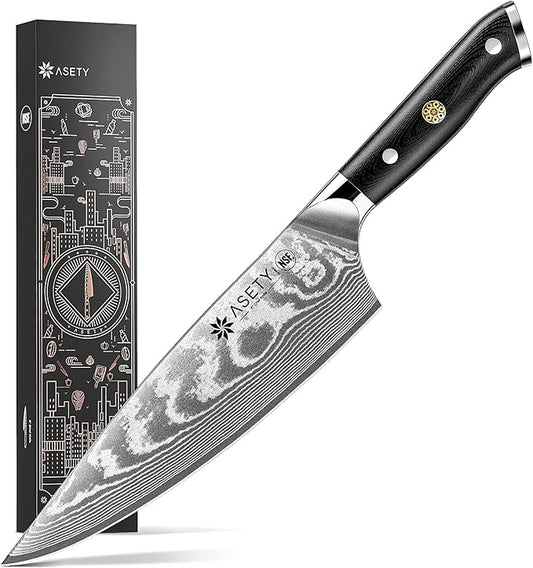 Damascus Chef Knife: 8-inch Razor-Sharp Japanese Chef Knife with VG10 Steel Core, Full Tang G10 Handle, NSF Food-Safe Professional Kitchen Knife with Sheath, Christmas Elegant Box