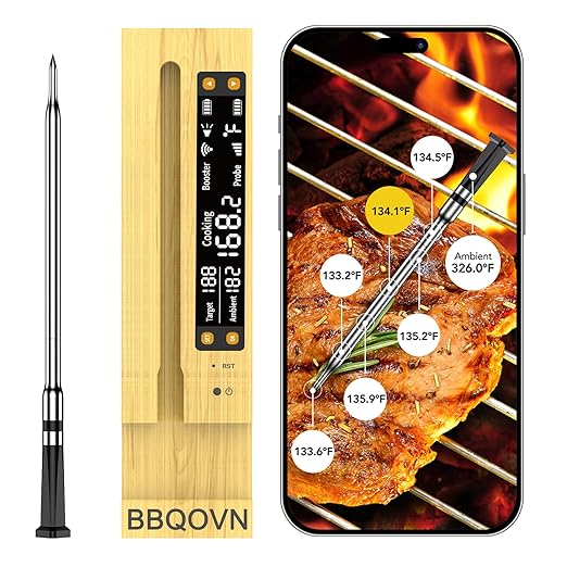 Sub-1g WiFi Wireless Meat Thermometer Unlimited Range with Digital Smart Base 7 NIST Certified Sensors with Ambient Temp Monitor for BBQ, Grill,Oven, Smoker(1, Black, Small)