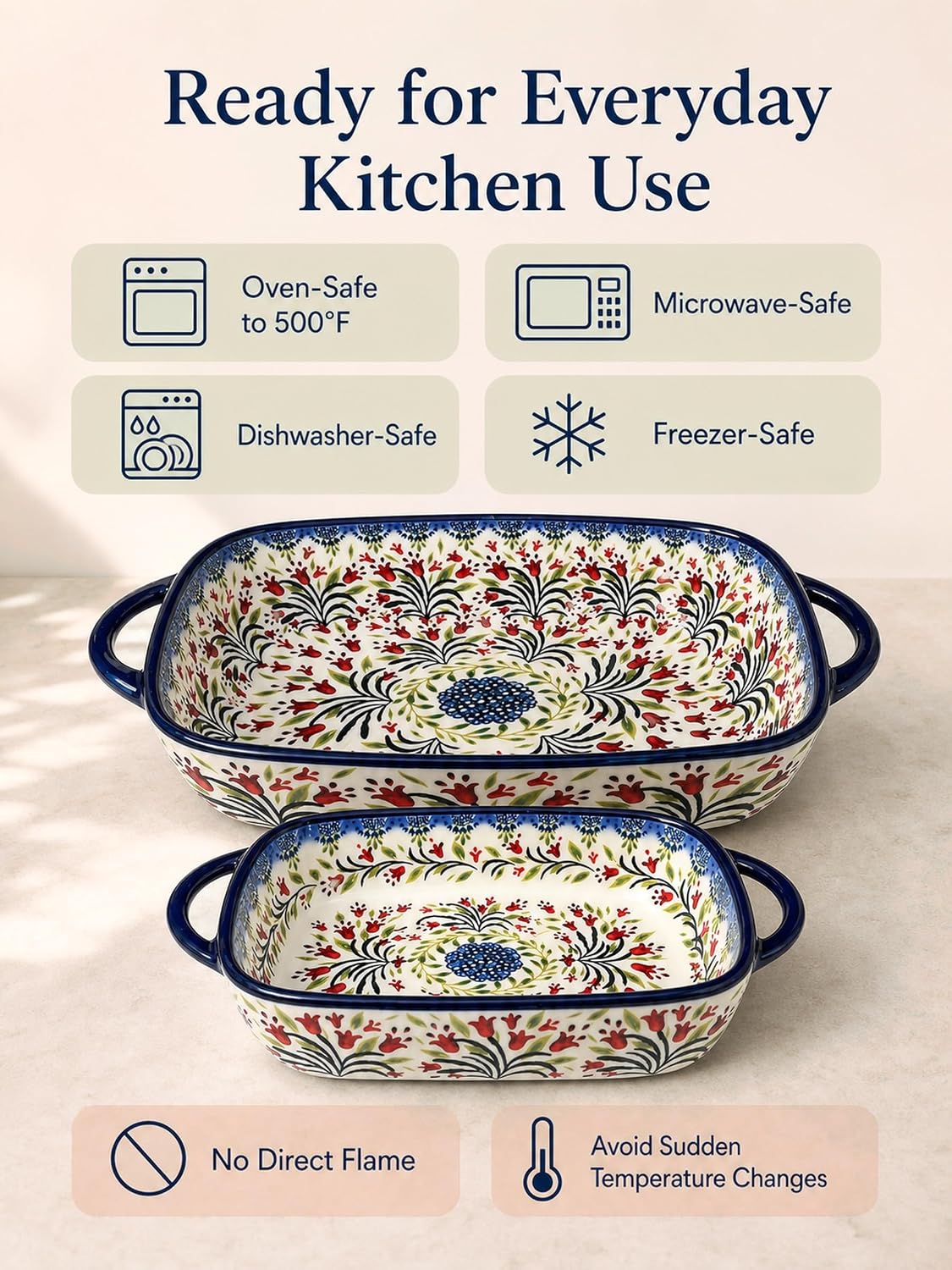 2-Piece Hand-Painted Polish Pottery Style Ceramic Baking Dish Set – set view