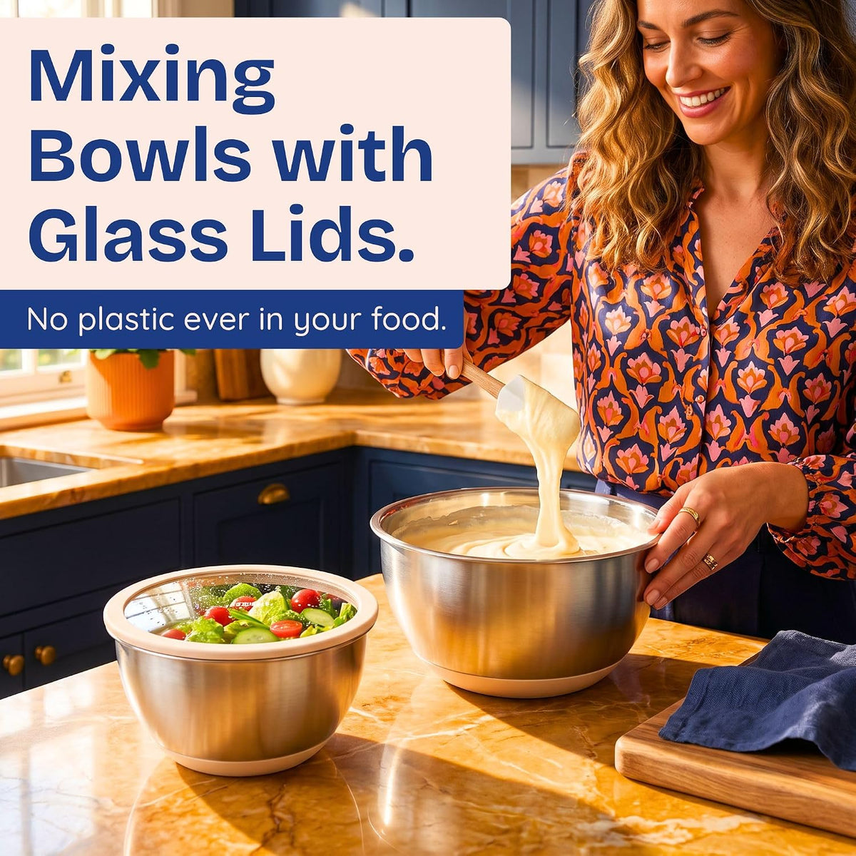 Non-Toxic Stainless Steel Mixing Bowls, Glass Lids, Plastic Free, 5-Pcs – detail