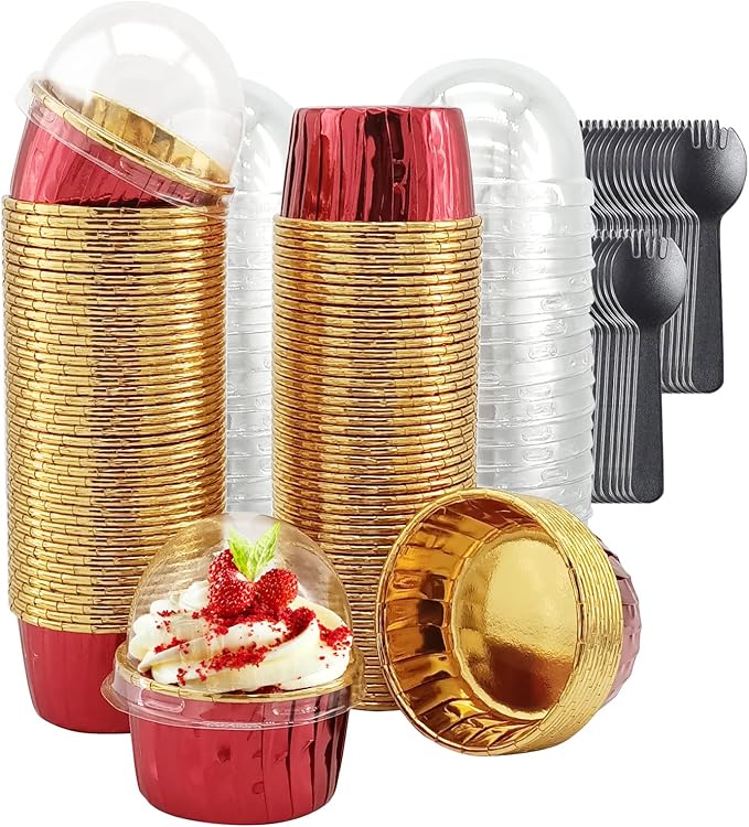 Baking Cups with Dome Lids, 100 Count Red Foil Mini Cupcake Liners