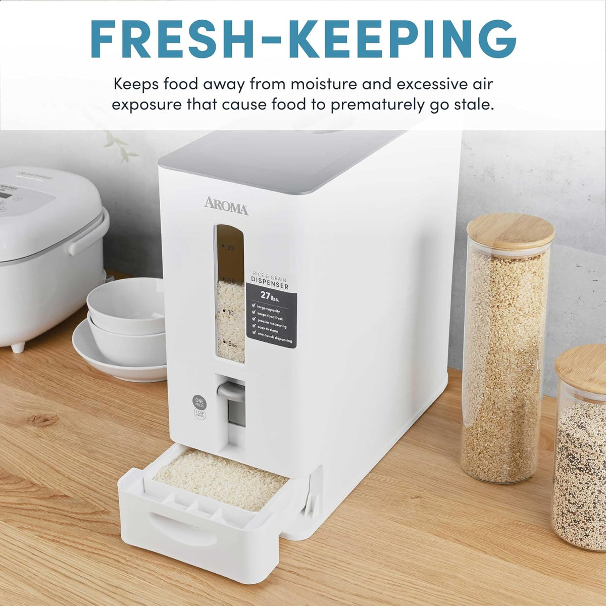 Housewares 27lbs Large Rice Dispenser, 7.25 x 16.5 x 16.5 inches, White – alternate view