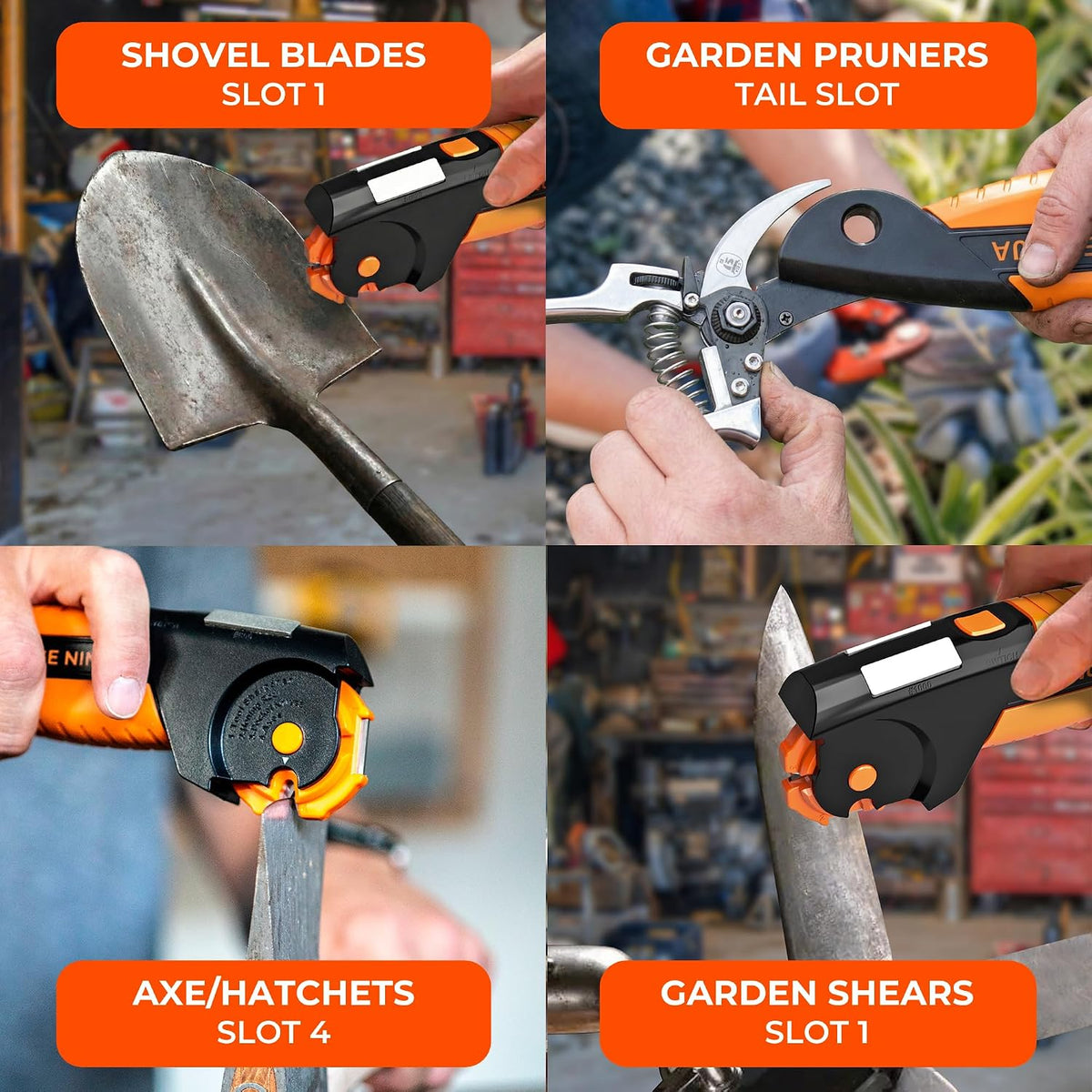 Orange Ninja 7-in-1 Garden Tool & Knife Sharpener- One Tool for Every Blade – features