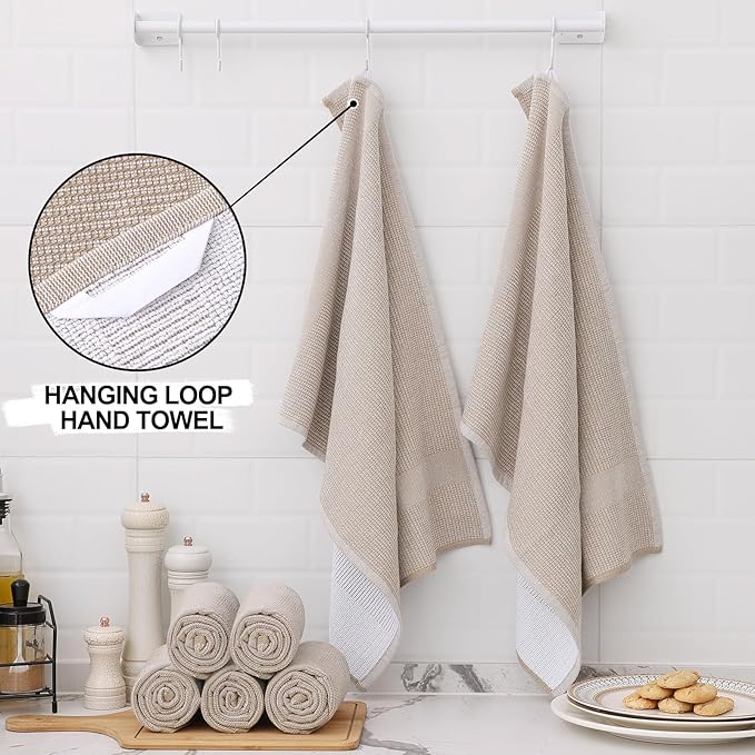 Dish Towels, 8 Pack 18 x 28 Inch Khaki Cotton Flat and Terry Set